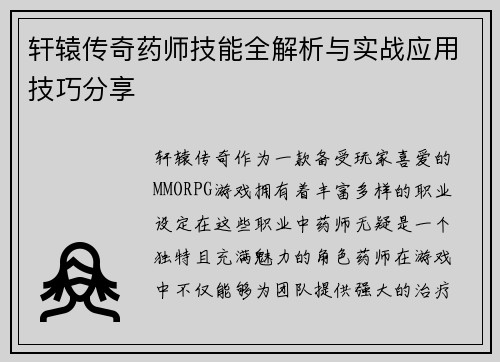 轩辕传奇药师技能全解析与实战应用技巧分享